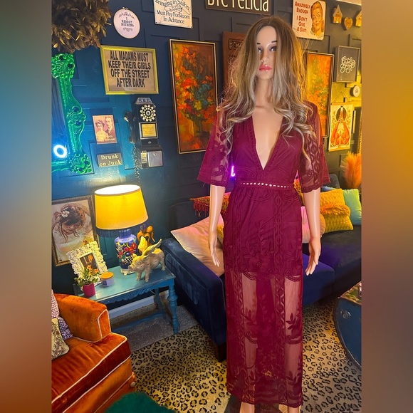 Dresses & Skirts - Maroon Burgundy Boho Sheer Lace Dress Sz L - NEW